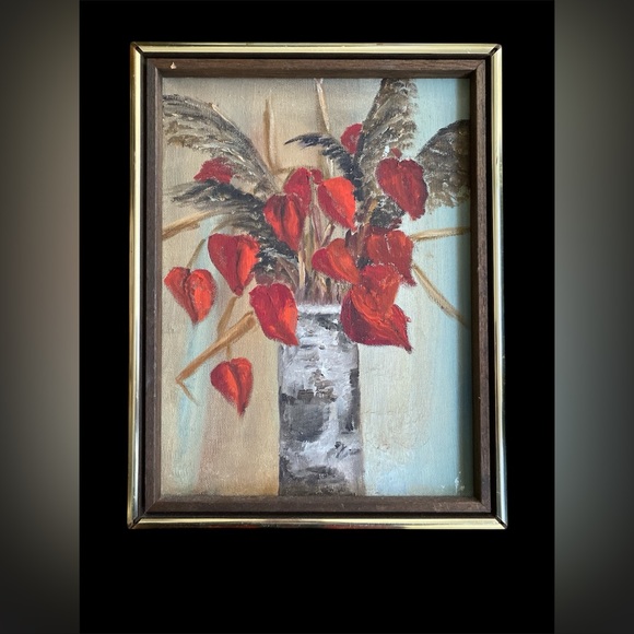 Original Vibrant Red Leaf Framed Artwork on canvas framed